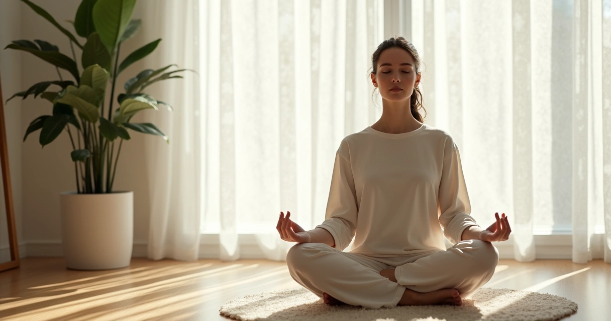 Pessoa sentada meditando em ambiente tranquilo e claro
