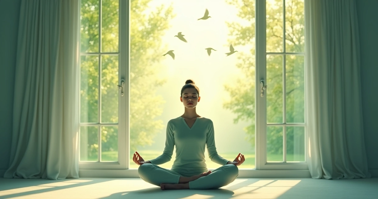 Pessoa sentada em postura de meditação em um ambiente tranquilo, janela aberta ao fundo, sons naturais entrando