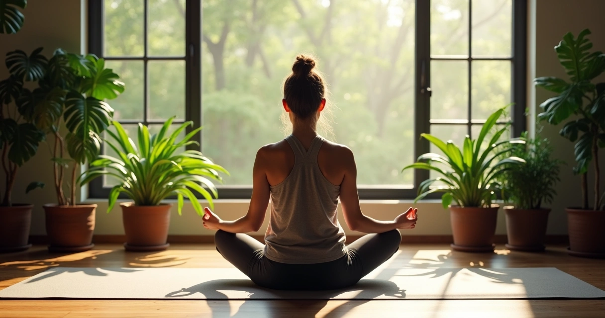 Pessoa sentada no chão, meditando em posição de lótus, próximo a plantas dentro de casa 