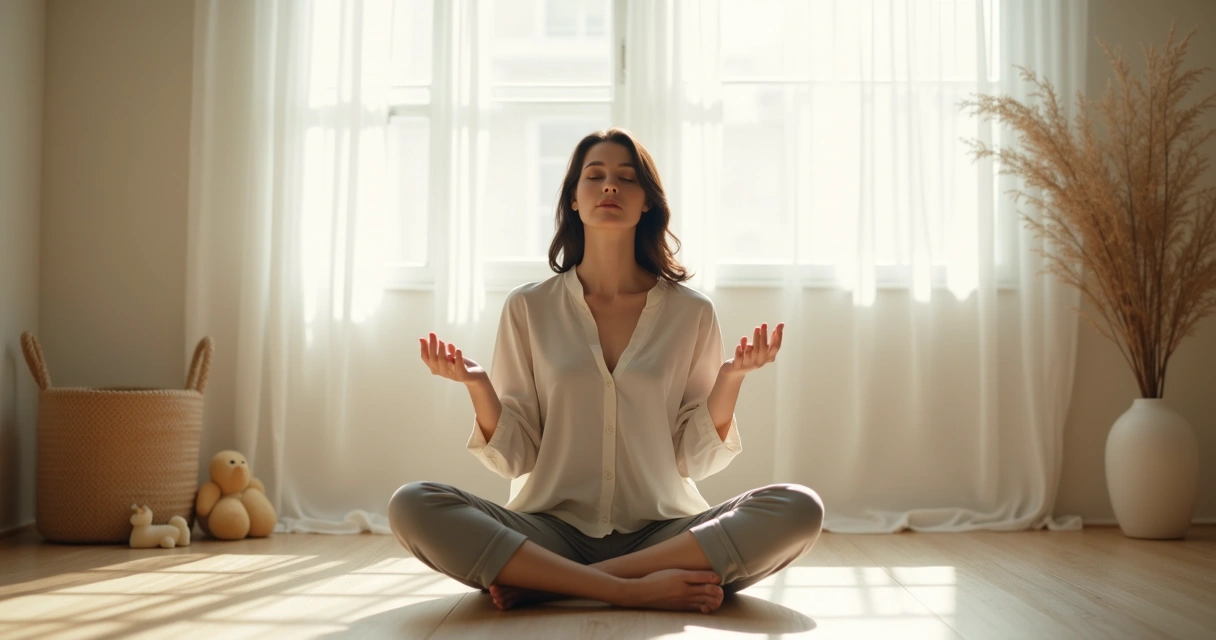Pessoa sentada meditando no chão de um quarto iluminado 