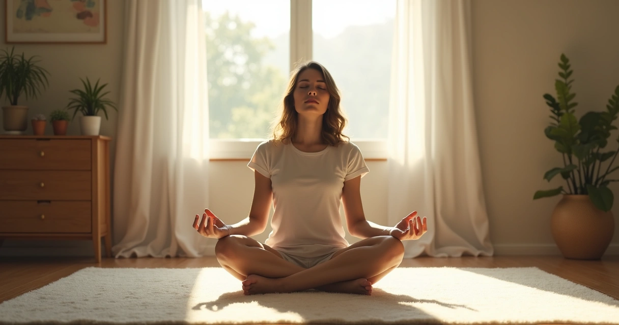 Pessoa meditando sozinha em um quarto com luz suave