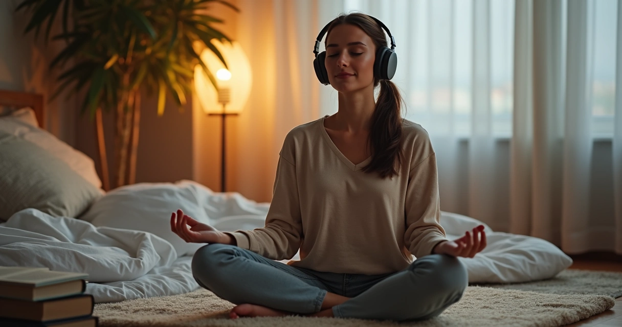 Mulher sentada de pernas cruzadas, olhos fechados, respirando fundo em quarto tranquilo com luz suave. 