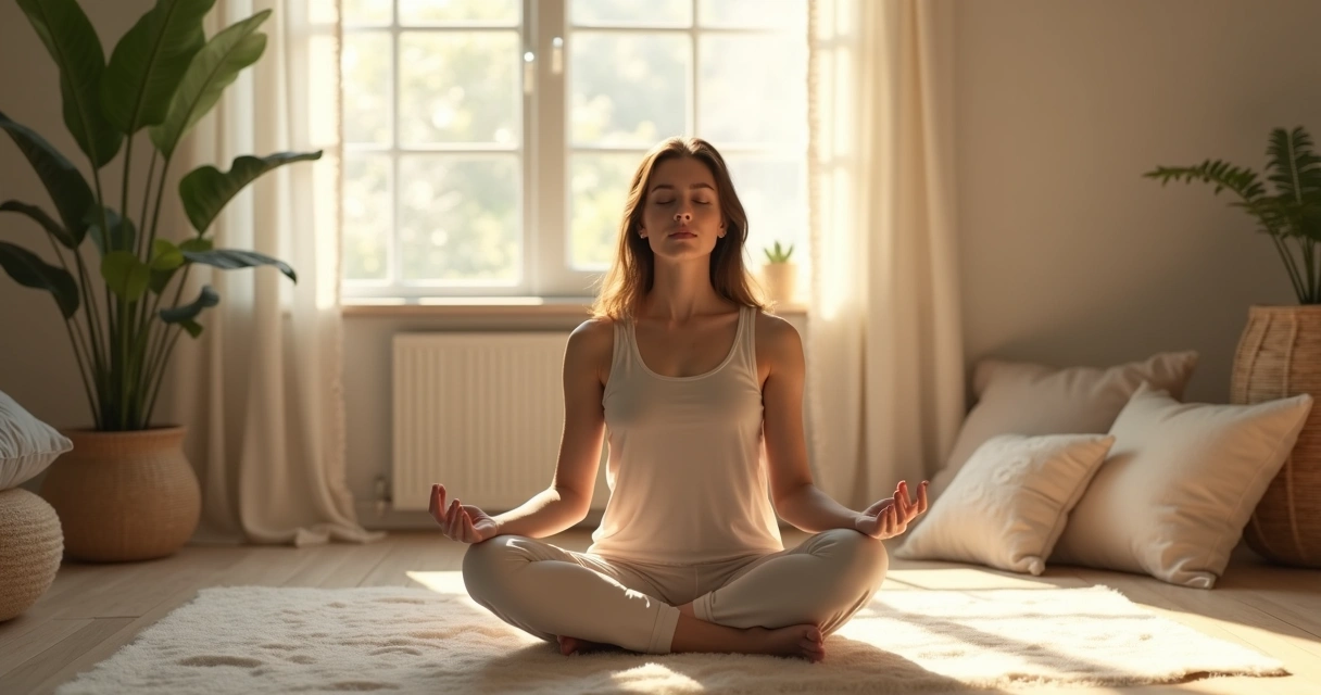 Pessoa sentada de olhos fechados em posição meditativa, em ambiente tranquilo e iluminado 