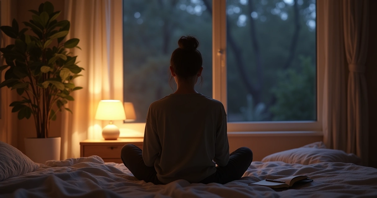 Pessoa sentada em posição de meditação refletindo à noite com luz suave. 