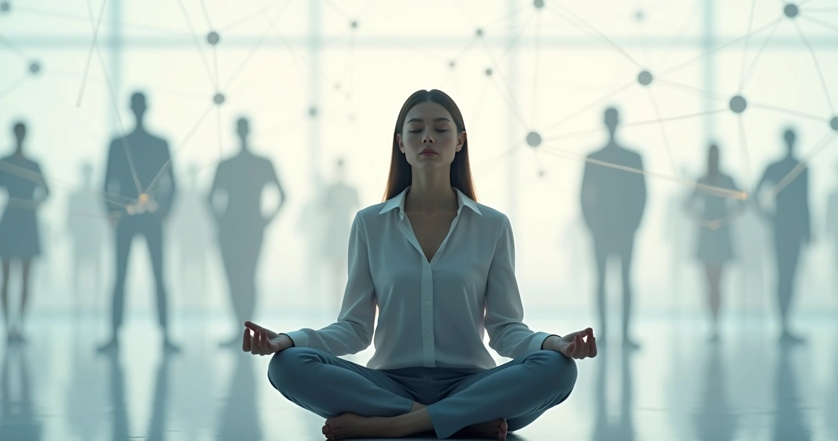 Pessoa sentada em posição de meditação, ao fundo várias silhuetas que representam relações sociais 