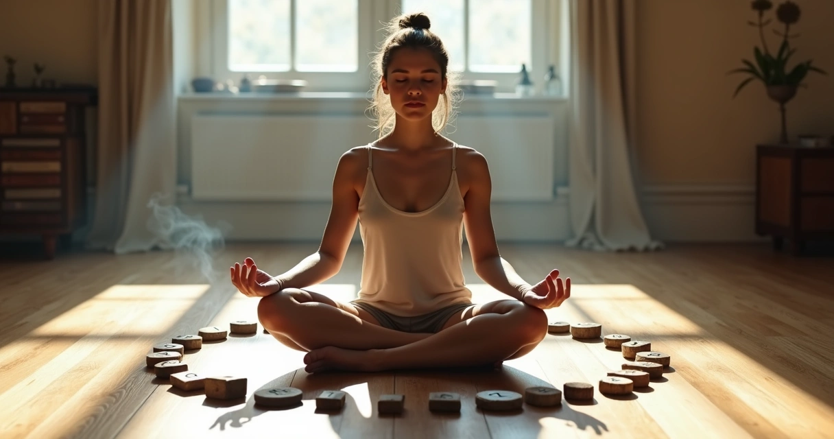 Mulher meditando sentada ao lado de runas no chão. 