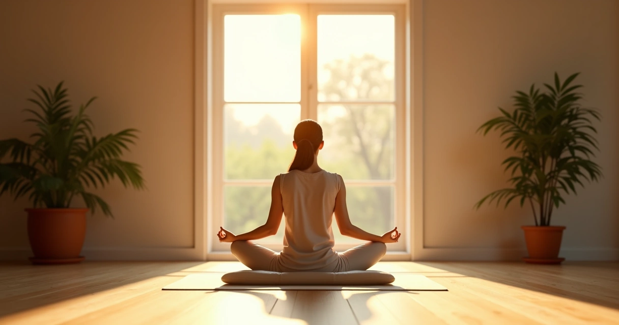 Pessoa sentada meditando em sala iluminada por luz natural 
