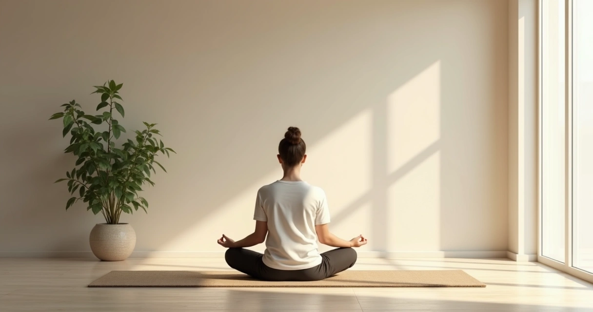 Pessoa sentada de pernas cruzadas meditando em uma sala minimalista, luz suave no ambiente