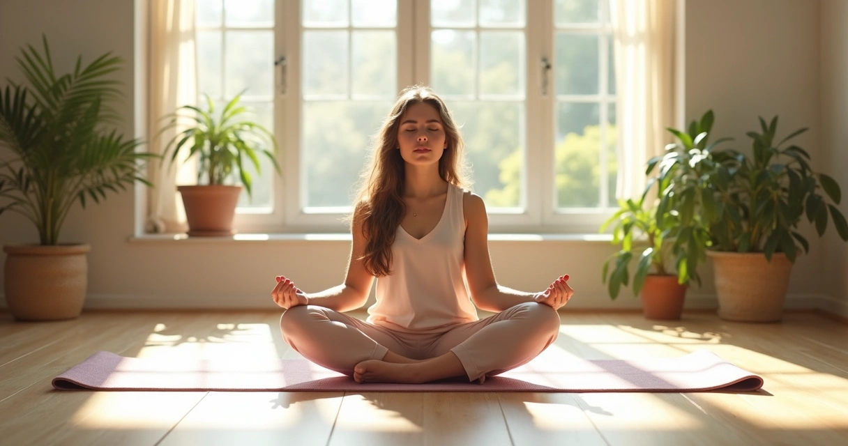 Pessoa sentada em postura de meditação em sala iluminada por luz natural