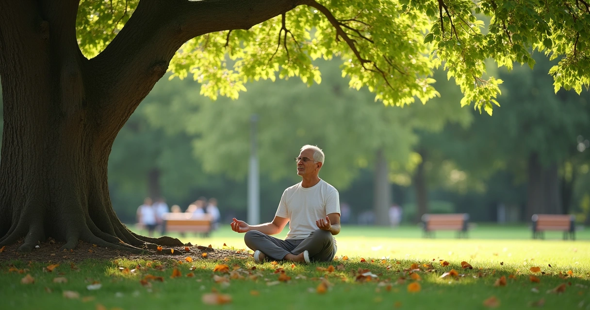 Pessoa meditando embaixo de árvore em parque, calmamente sentada 