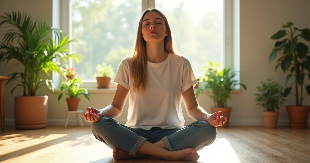 Pessoa sentada meditando em ambiente iluminado por luz natural 