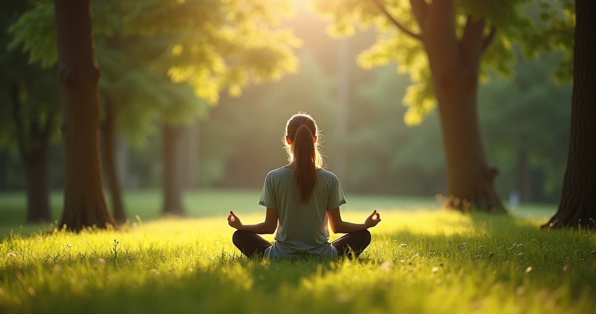 Pessoa sentada em posição de meditação ao ar livre em meio à natureza