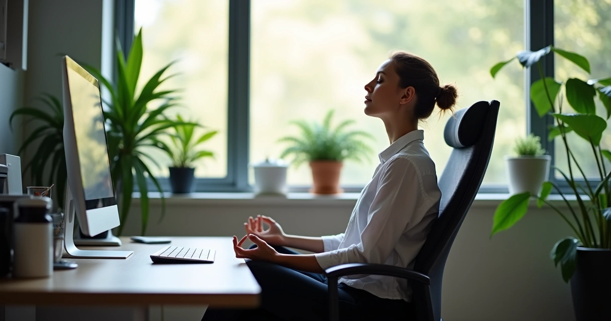 Pessoa sentada em cadeira de escritório, meditando em ambiente de trabalho 