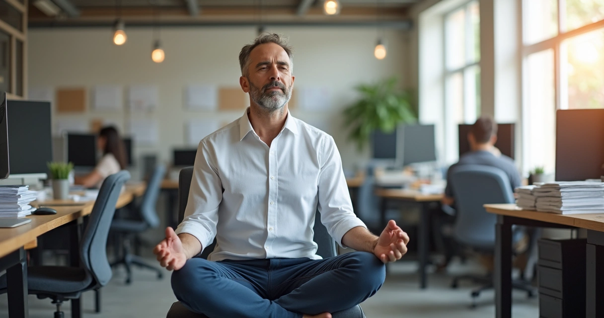 Pessoa sentada em cadeira de escritório meditando no ambiente de trabalho. 
