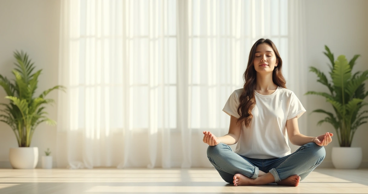 Pessoa sentada em posição de meditação, olhos fechados, ambiente sereno 