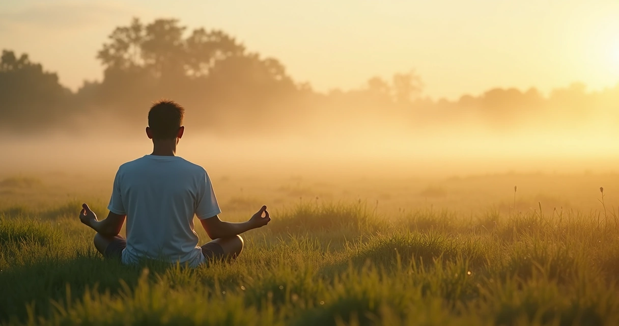Pessoa sentada no campo em posição de meditação