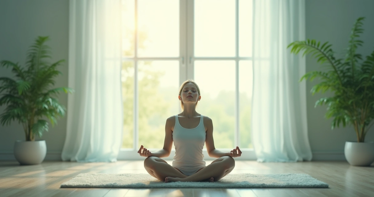Pessoa com olhos fechados meditando em ambiente calmo, luz suave ao redor