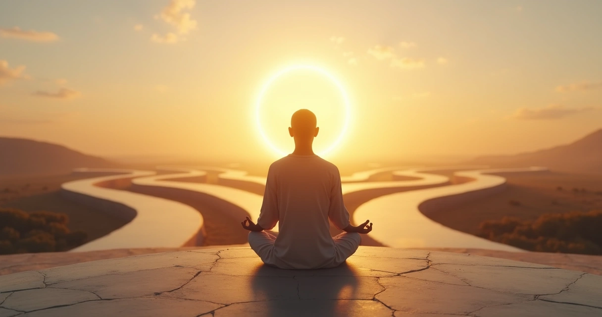 Pessoa meditando diante de múltiplos caminhos iluminados 