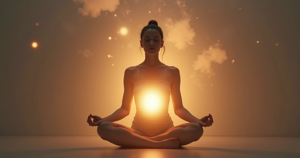 Pessoa sentada meditando com foco de luz interna no peito 