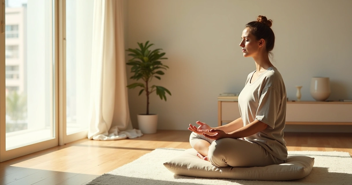 Pessoa sentada meditando em ambiente minimalista com luz suave entrando pela janela 