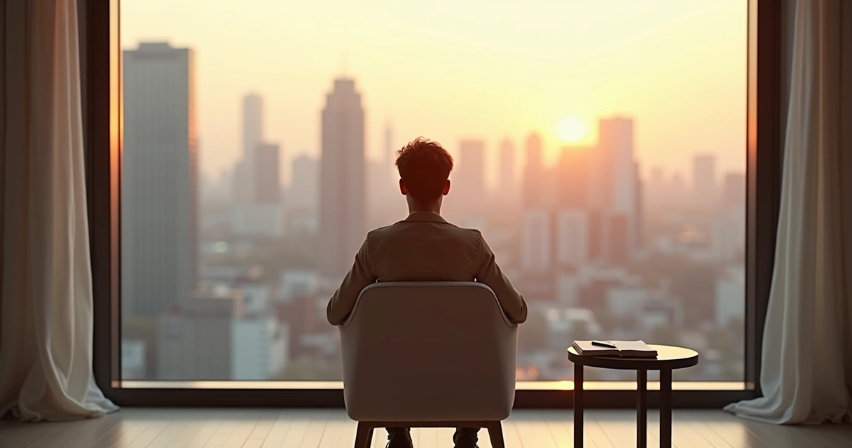 Pessoa sentada em silêncio meditando diante de janela com cidade ao fundo 