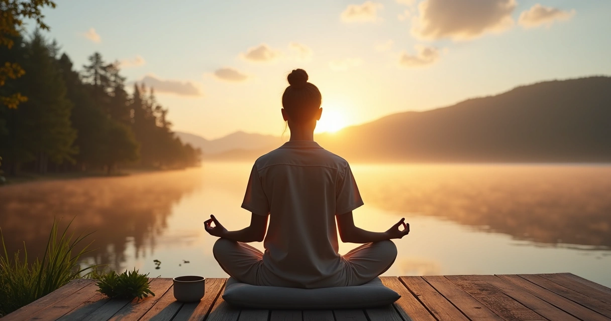 Pessoa sentada meditando ao amanhecer em natureza 