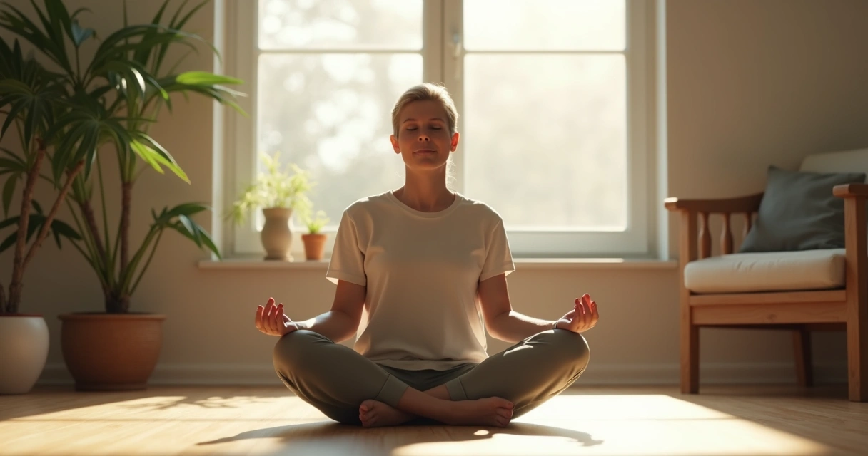 Pessoa sentada em posição de meditação em sala tranquila com luz suave