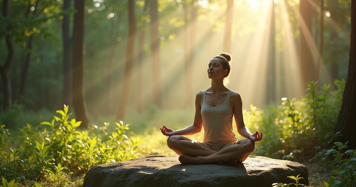 Pessoa meditando em ambiente natural ensolarado, cercada de vegetação