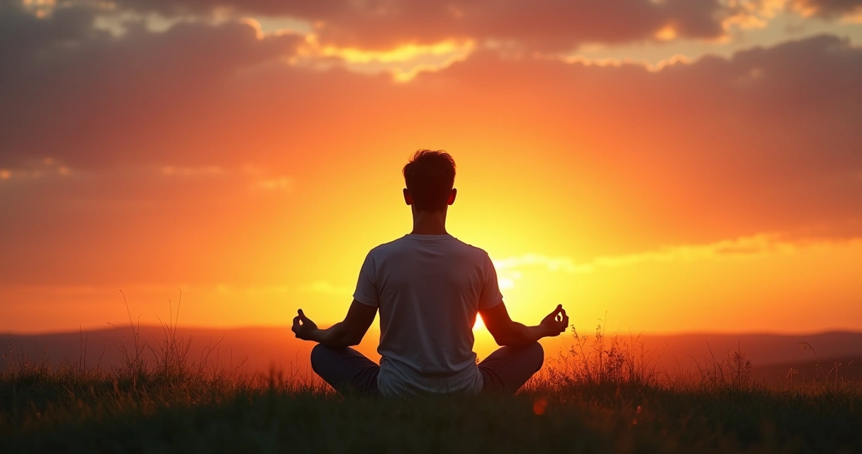 Pessoa sentada meditando ao pôr do sol. 