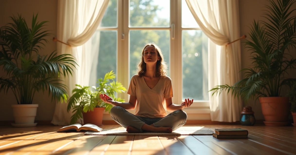 Pessoa sentada meditando em ambiente calmo com luz natural 