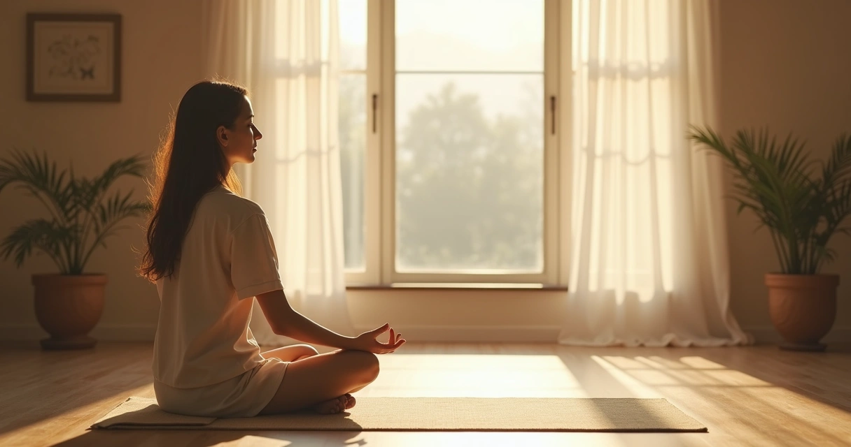 Pessoa sentada em posição de meditação em um cômodo iluminado, expressão introspectiva 