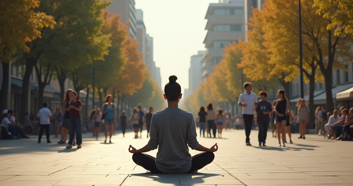Pessoa meditando sentada em meio ao ambiente barulhento, como uma praça com pessoas ao redor 