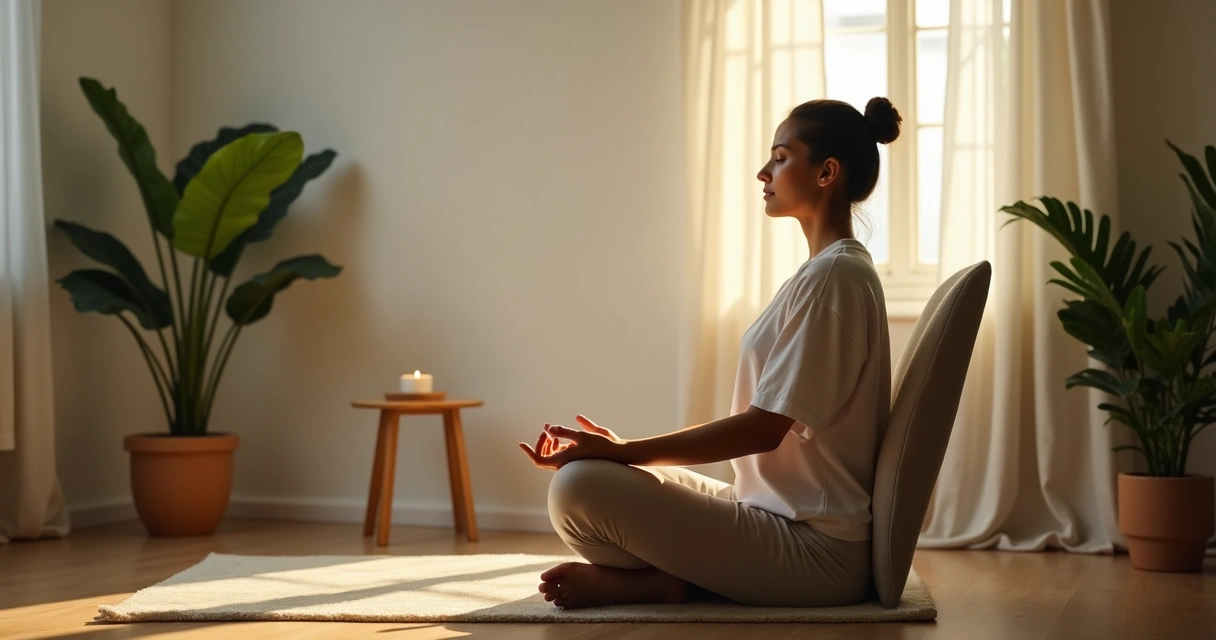 Pessoa sentada em uma cadeira, meditando em um ambiente tranquilo