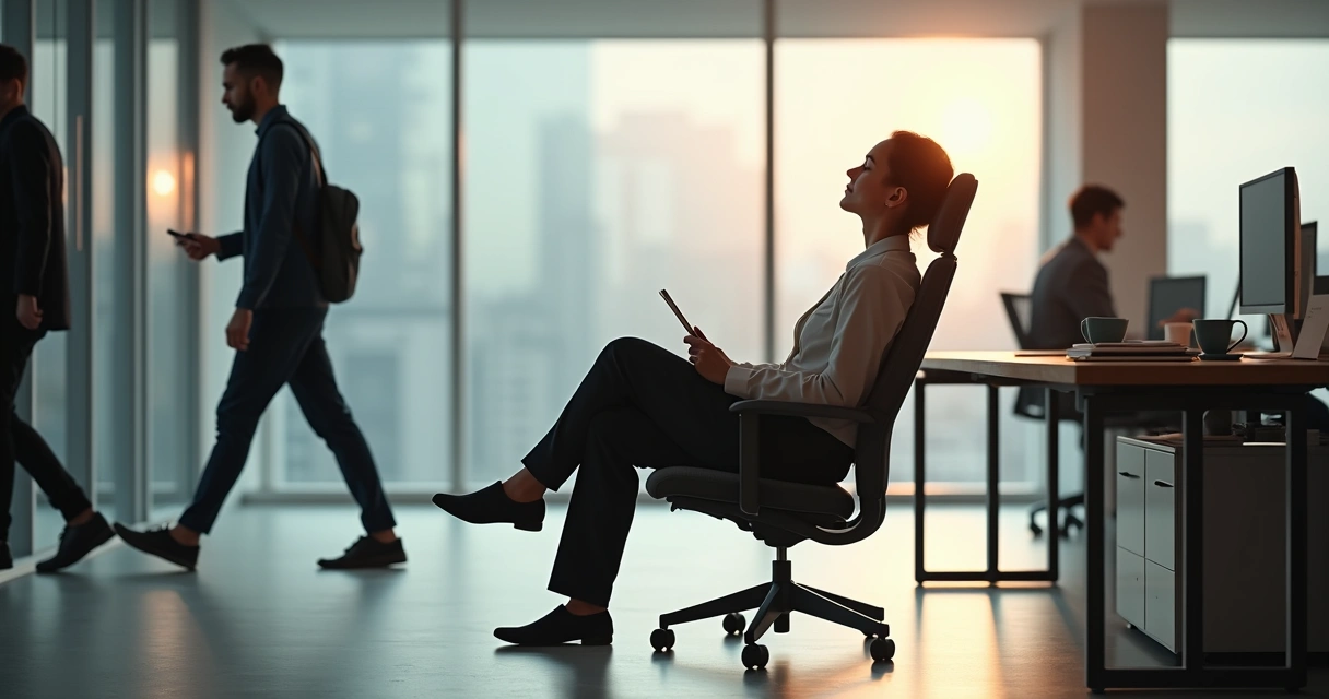 Pessoa sentada em uma cadeira meditando em ambiente de trabalho 