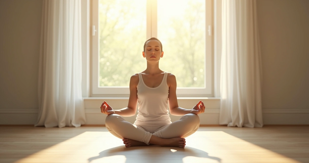 Pessoa sentada de olhos fechados demonstrando calma e equilíbrio 