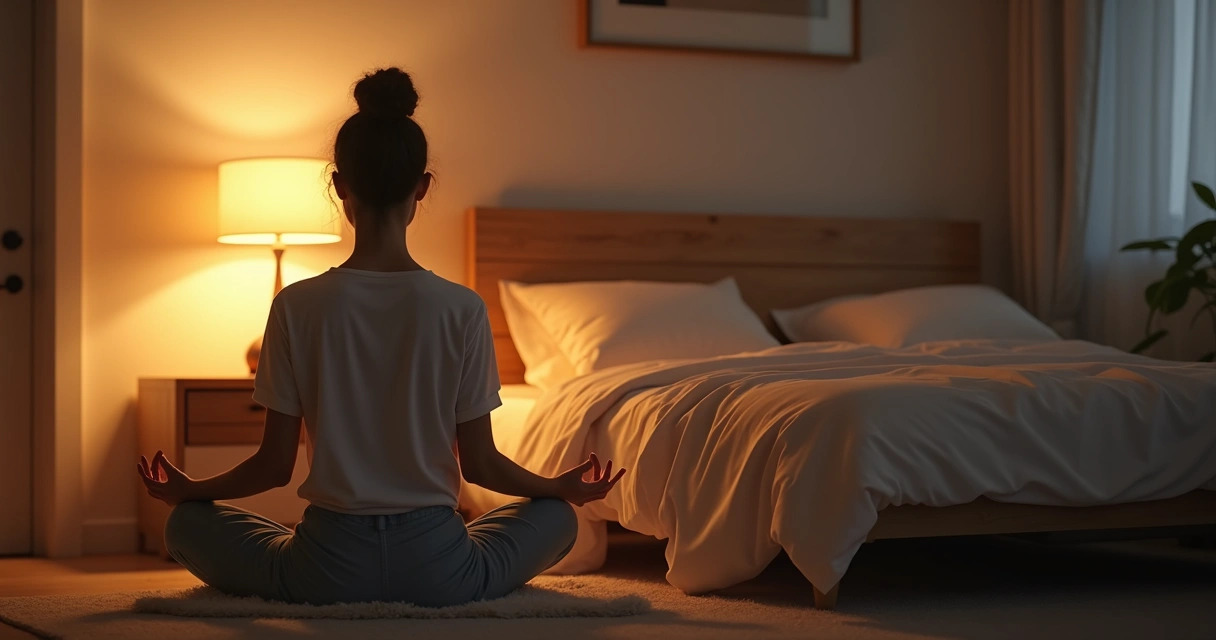 Pessoa sentada meditando ao lado da cama em ambiente calmo e suave luz 