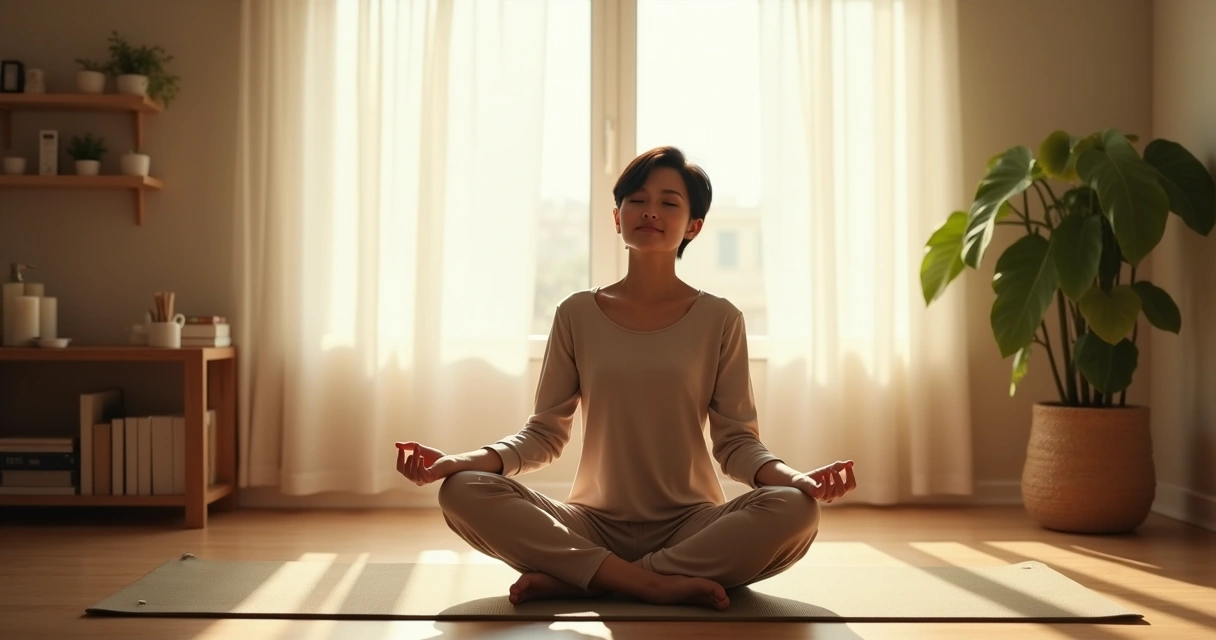Pessoa sentada no chão, de olhos fechados, em postura de meditação, com luz suave e ambiente tranquilo. 