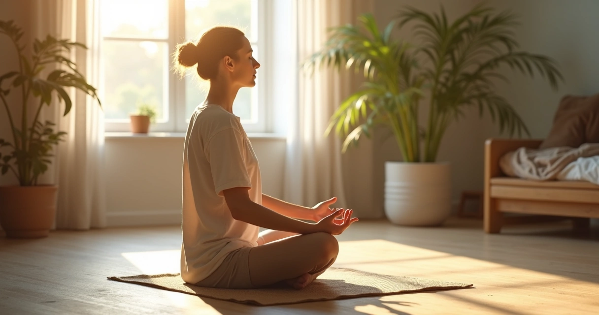 Pessoa sentada em tapete meditando dentro de casa, ambiente iluminado 