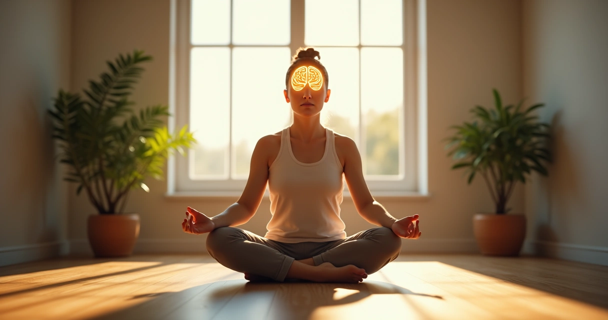Pessoa sentada meditando com cérebro luminoso destacado 