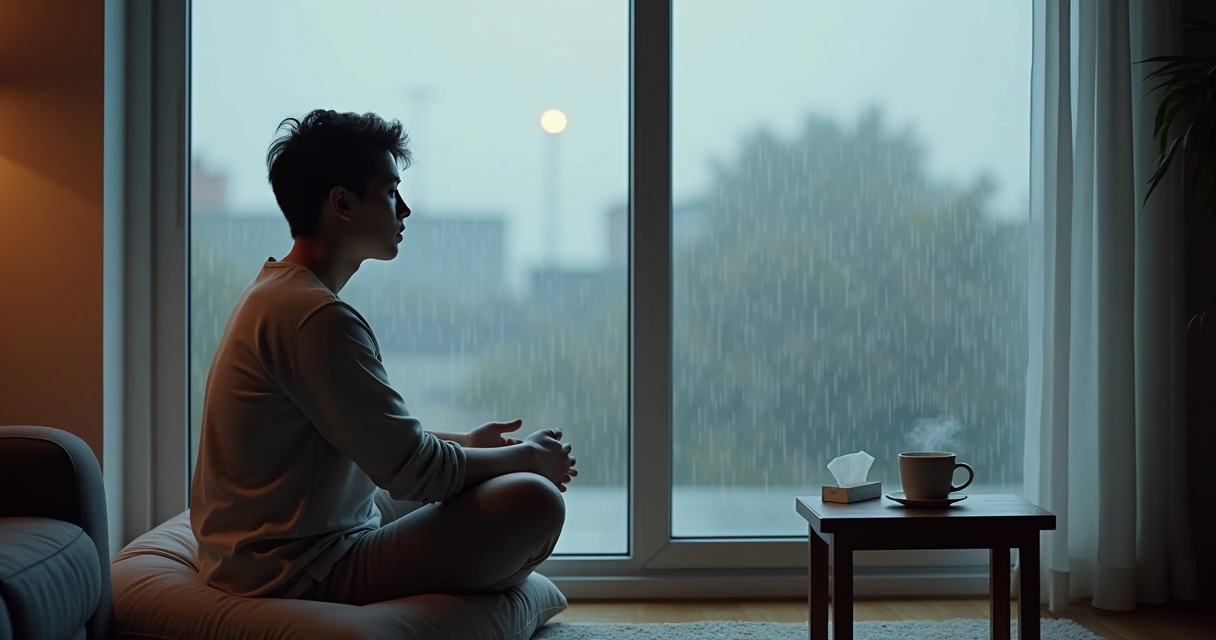 Pessoa sentada em meditação olhando a chuva pela janela 