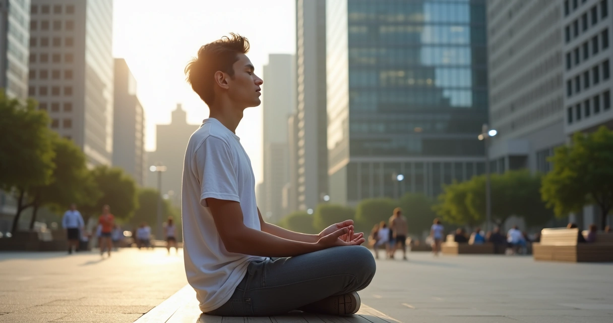 Pessoa sentada meditando em meio a uma praça nos arredores de prédios urbanos 