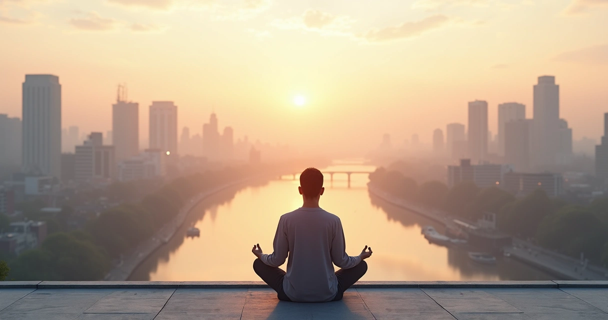 Pessoa meditando ao amanhecer com cidade e rio ao fundo 