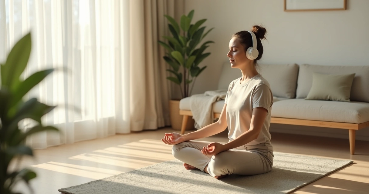 Pessoa sentada em meditação com fones em ambiente calmo 