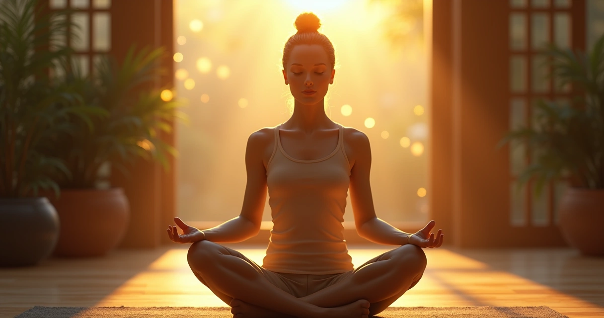 Pessoa meditando com luz suave e tons quentes ao redor, em ambiente tranquilo, transmitindo foco e positividade 