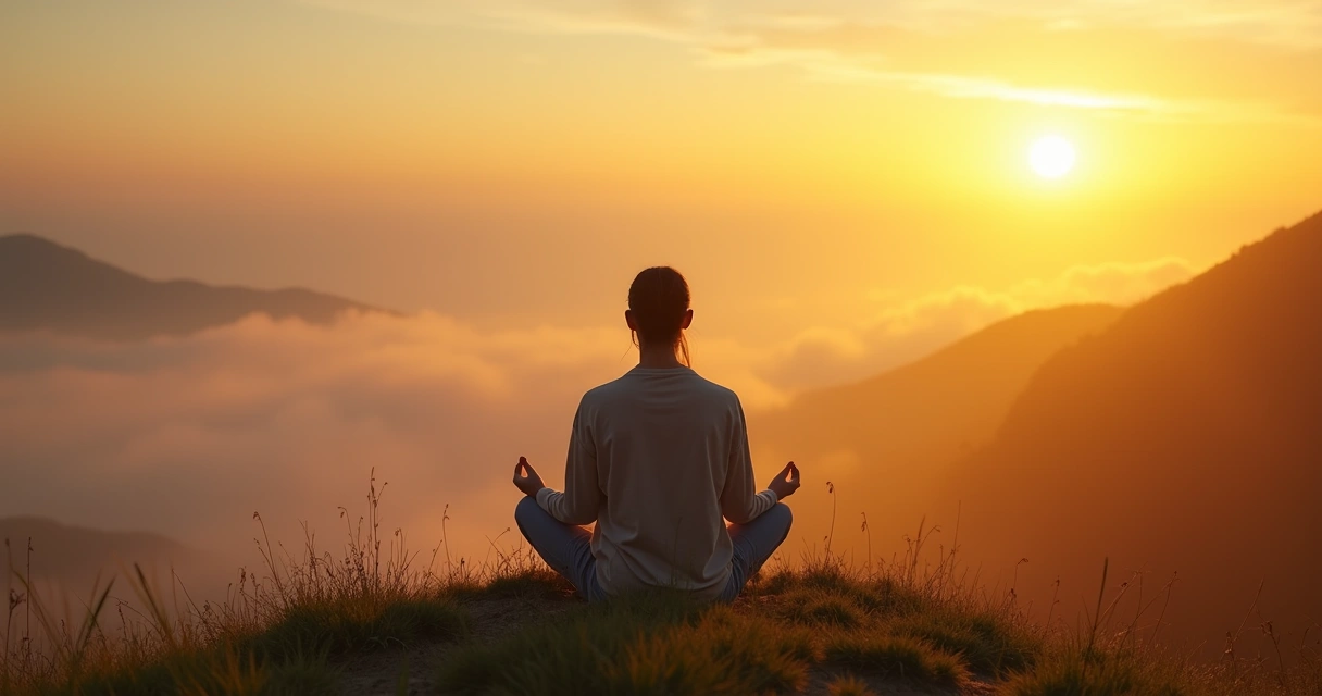 Pessoa sentada em posição de meditação ao ar livre durante o nascer do sol 