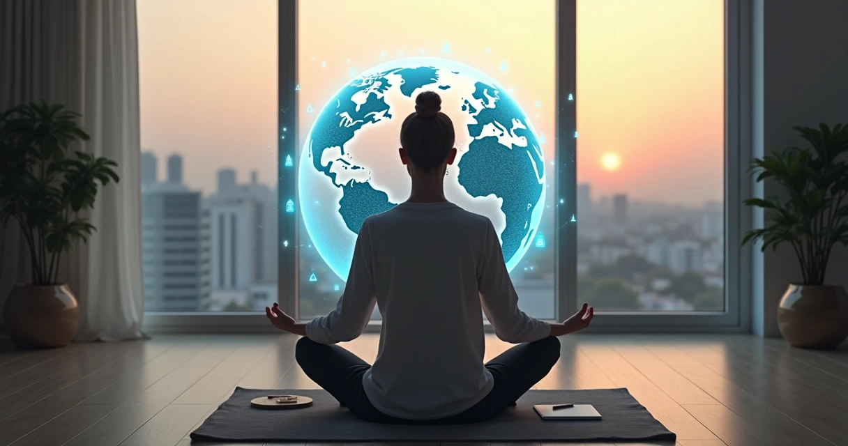 Pessoa meditando em sala moderna com holograma do planeta ao fundo 