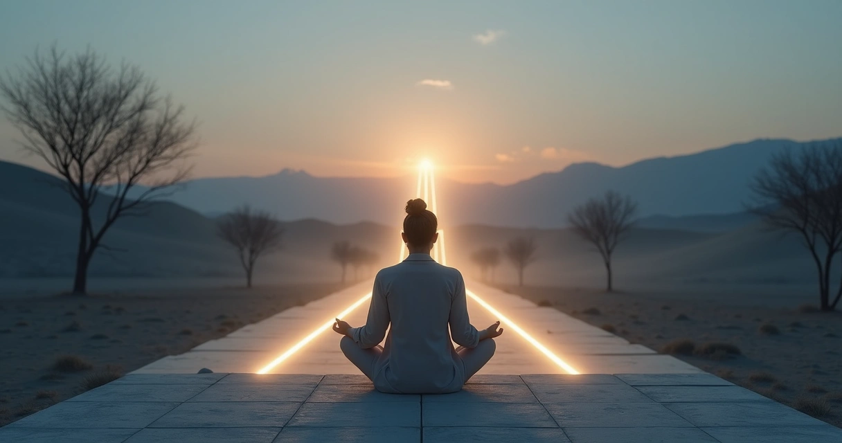 Pessoa sentada em silêncio diante de encruzilhada luminosa 