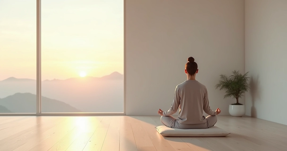 Pessoa meditando em silêncio em um ambiente minimalista e calmo 