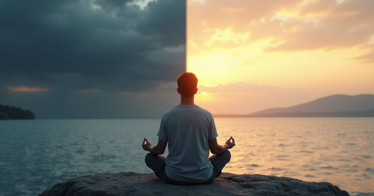 Pessoa sentada meditando diante de paisagem dividida entre tempestade e céu sereno 