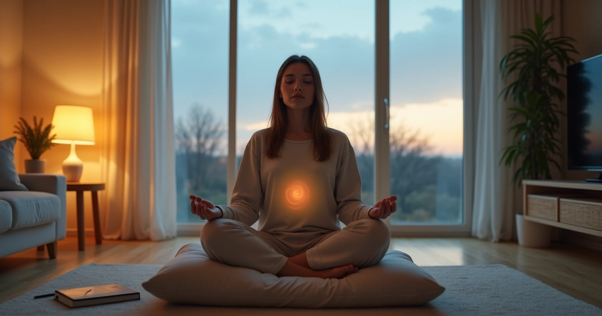 Pessoa sentada em meditação acolhendo emoções difíceis em ambiente tranquilo 